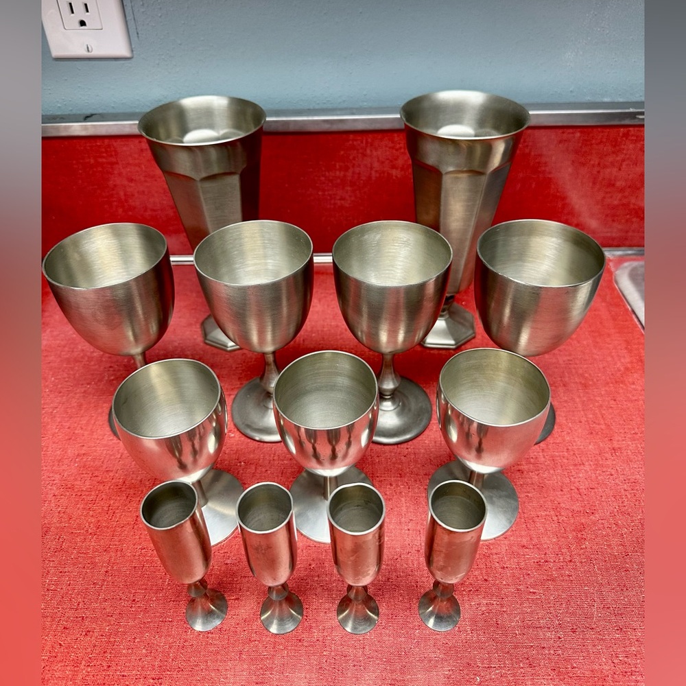 13 pewter pieces 4 shot glasses 2 ice cream sodas 4 wine goblets 3 small goblet
